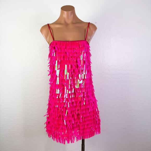 Hot Pink Fringe Sequins Mini Dress Formal Party Popstar Showgirl Girly Sz XS NWT - Picture 1 of 13